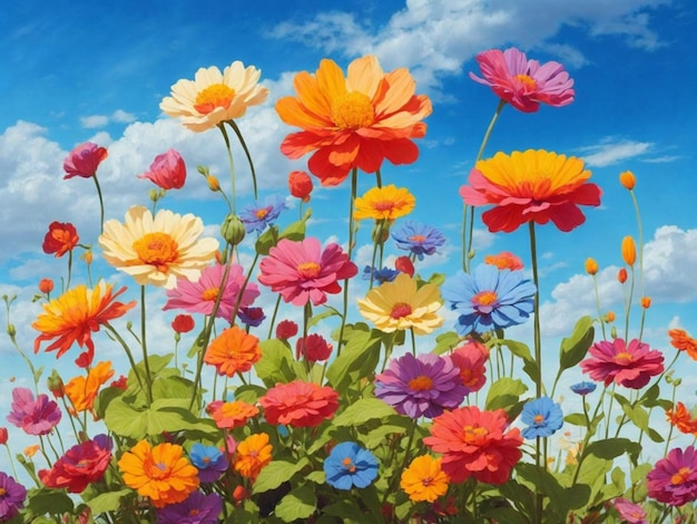 Colorful daisies and chamomiles on blue sky background generative ai