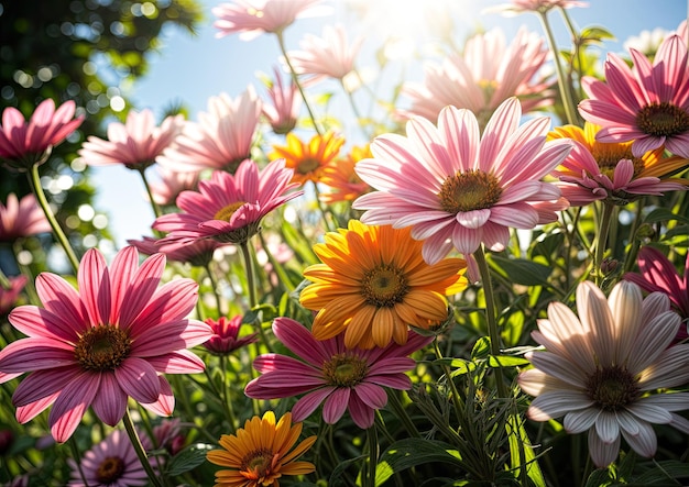 Colorful daisies in the garden at sunny summer day