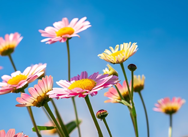 青い空の日光の下で色とりどりの花