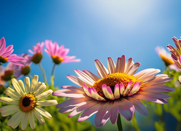Foto fiore di margherita colorato sotto la luce del sole del cielo blu