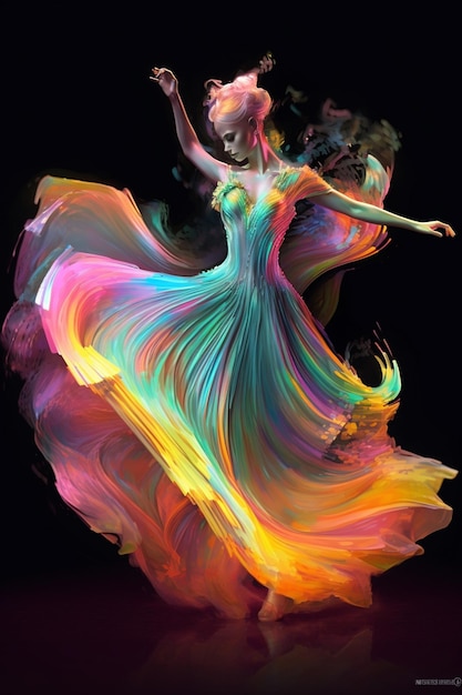 A colorful dancer with a rainbow dress on.