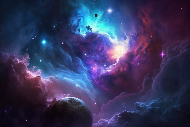 Colorful dark blue and purple nebulae in space AI technology generated image