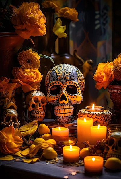 colorful day of the dead decorations for your house in the style of dark yellow and orange