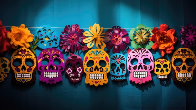 Foto colorati teschi del giorno dei morti e papel picado una festa messicana