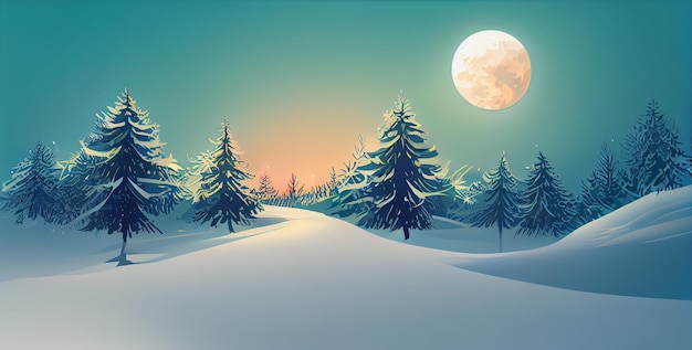 colorful decorated christmas trees in winter landscape
