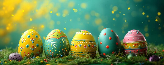 Colorful decorated Easter eggs hiding in the grass on meadow Easter landscape