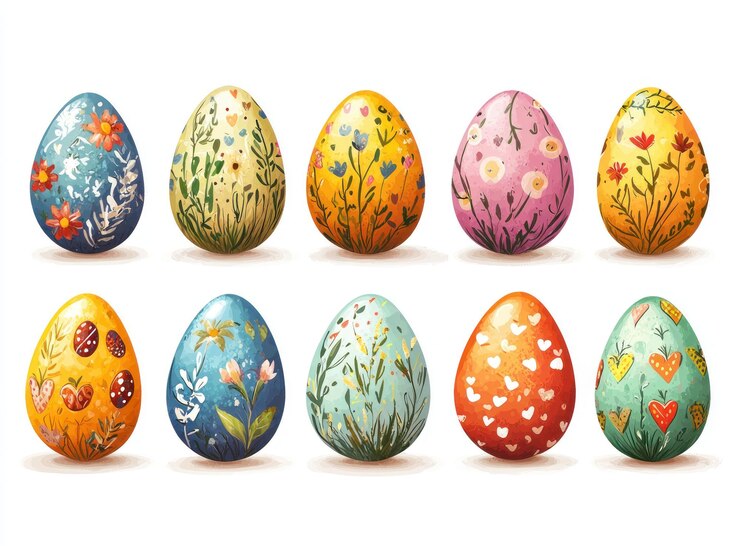 Photo colorful decorated easter eggs in various patterns arranged on a white background generative ai