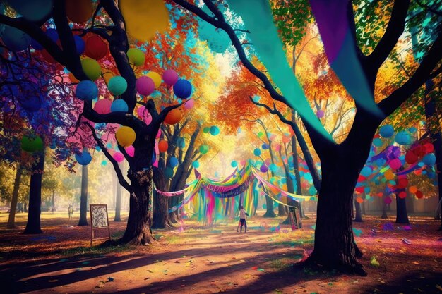 Colorful decorations and festival of colors in park on background of trees and foliage