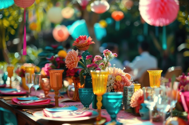 Foto decorazioni colorate su un tavolo da festa perfette per la pianificazione di eventi