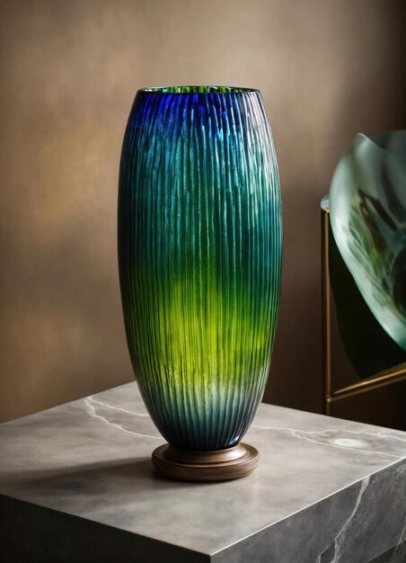 Фото Цветная декоративная стеклянная ваза с зеленым и синим рисунком на столе close up ai generative