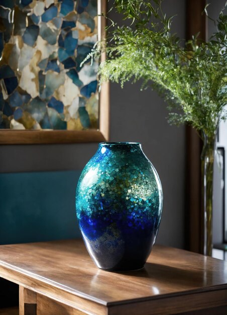 Colorful Decorative glass vase with green and blue pattern on the table Close up ai generative