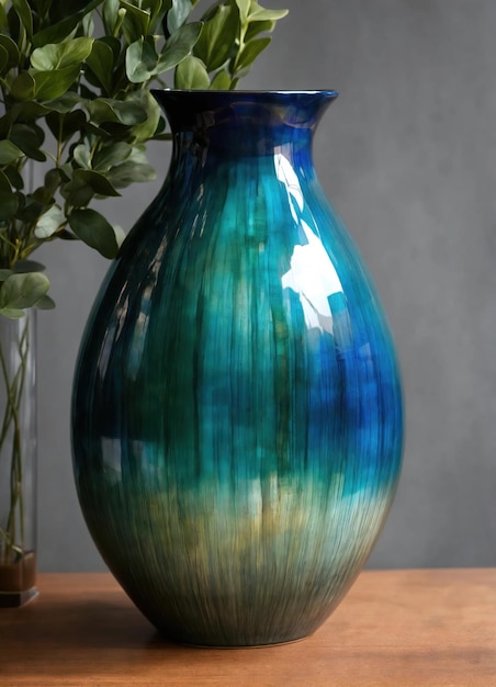 テーブルの上に緑と青のパターンで装飾されたカラフルなガラスの花瓶 Close up ai generative