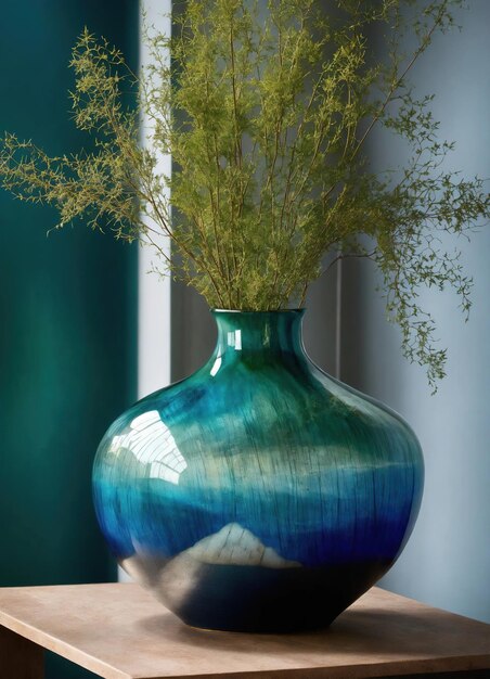 Colorful Decorative glass vase with green and blue pattern on the table Close up ai generative