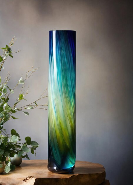 Цветная декоративная стеклянная ваза с зеленым и синим рисунком на столе Close up ai generative