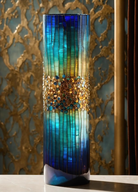 Цветная декоративная стеклянная ваза с зеленым и синим рисунком на столе Close up ai generative
