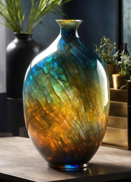 Colorful Decorative glass vase with green and blue pattern on the table Close up ai generative