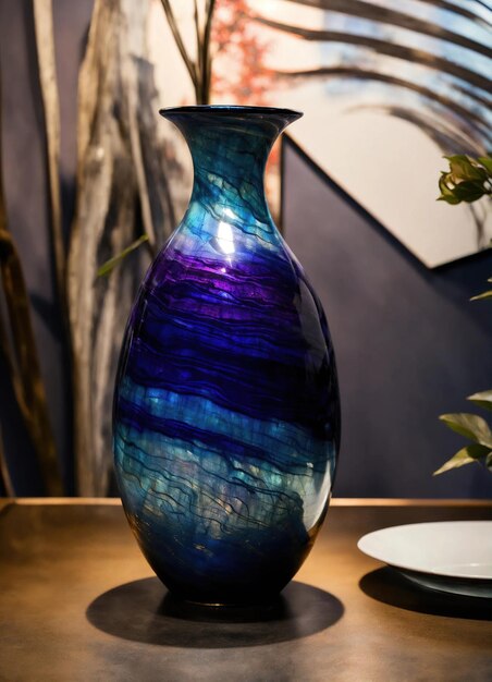 Colorful Decorative glass vase with green and blue pattern on the table Close up ai generative