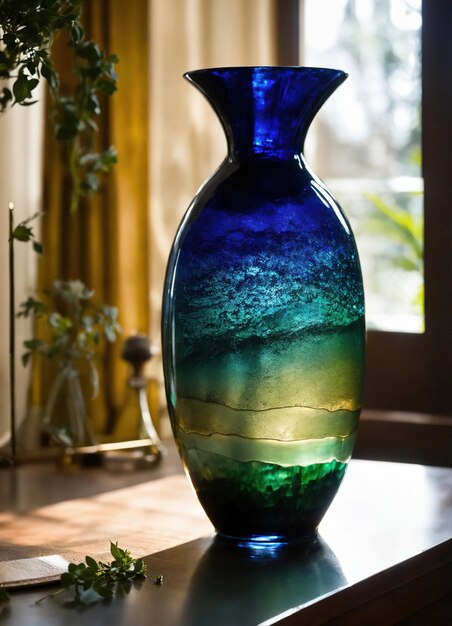 Photo colorful decorative glass vase with green and blue pattern on the table close up ai generative