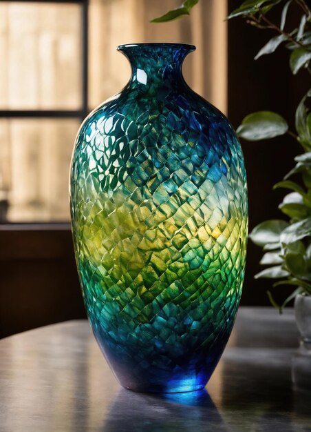 Colorful Decorative glass vase with green and blue pattern on the table Close up ai generative