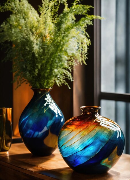 Photo colorful decorative glass vase with green and blue pattern on the table close up ai generative