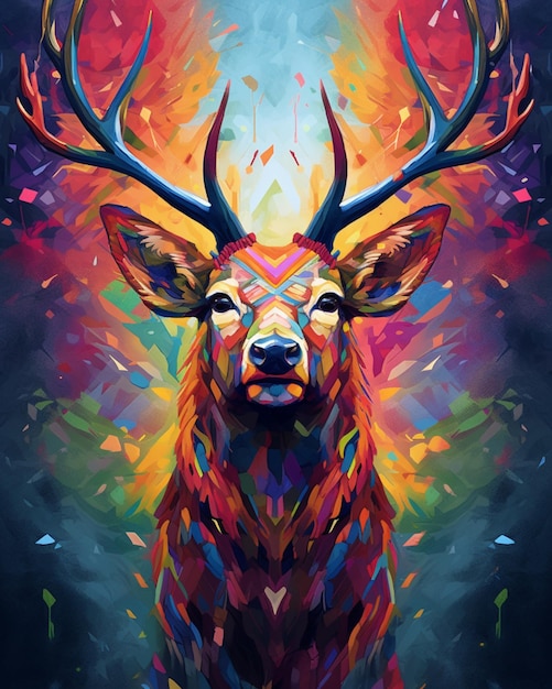 A colorful deer with big antlers.