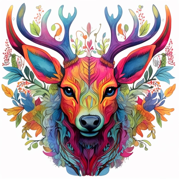 a colorful deer with a large antelope head surrounded by flowers generative ai