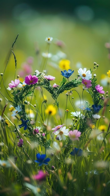 Colorful delicate flowers form a heart shape in a summer meadow beautiful sunny day