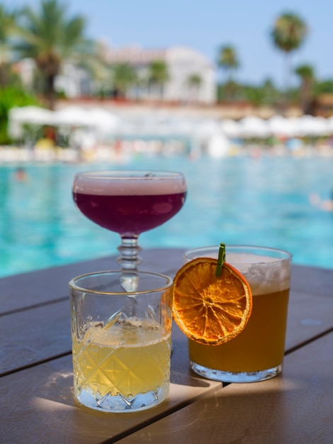 Colorful and delicious cocktails in a hotel pool