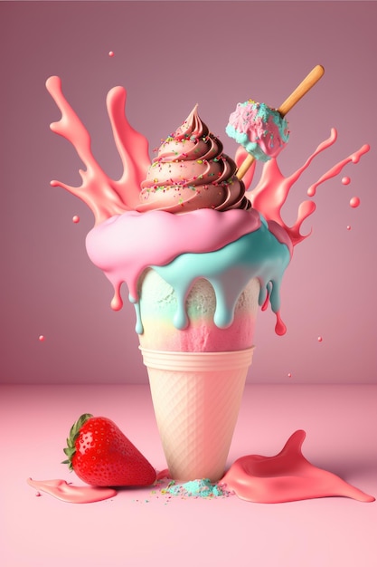 Colorful delicious ice cream melting and dripping on a colored background Explosion of flavor Generative AI