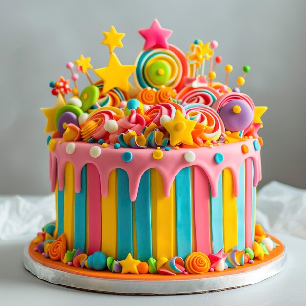 아이의 생일을 위한 다채로운 맛있는 큰 생일 케이크 밝은 색상 많은 장식 고립