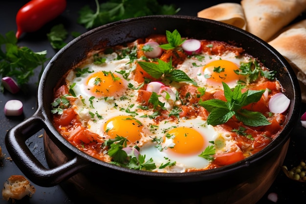 Colorful and delicious shakshuka with eggs and vegetables Generative AI
