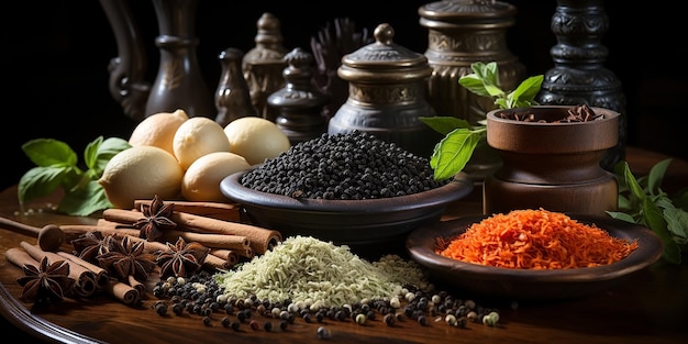 Colorful and delicious spices in dishes with traditional grinding tools on a table