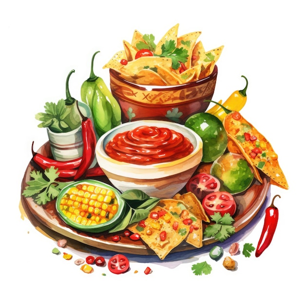 Цветные удовольствия празднуют яркость мексиканской кухни с акварелью Клипарт