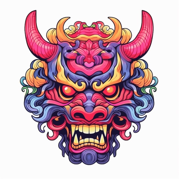 A colorful demon mask with horns and a flower on its head generative ai