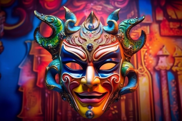 Colorful Demonic Venetian Mask on Evil Festive Background Generative AI