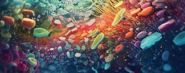 Photo colorful depiction of bacteria viewed under a microscope emphasizing the diverse world