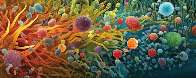 Photo colorful depiction of bacteria viewed under a microscope emphasizing the diverse world