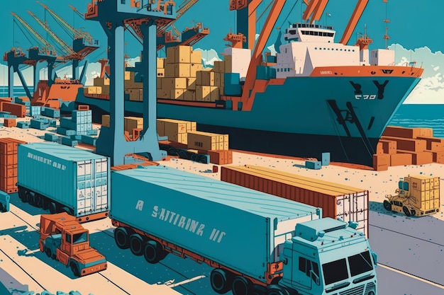 Colorful depiction of a busy shipping yard with towering cranes and a fleet of trucks