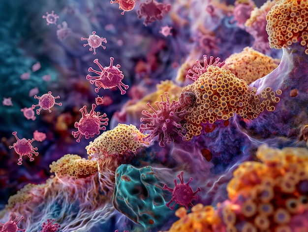 세포를 암시하는 활기찬 역동적인 환경에서 미세한 존재의 다채로운 묘사