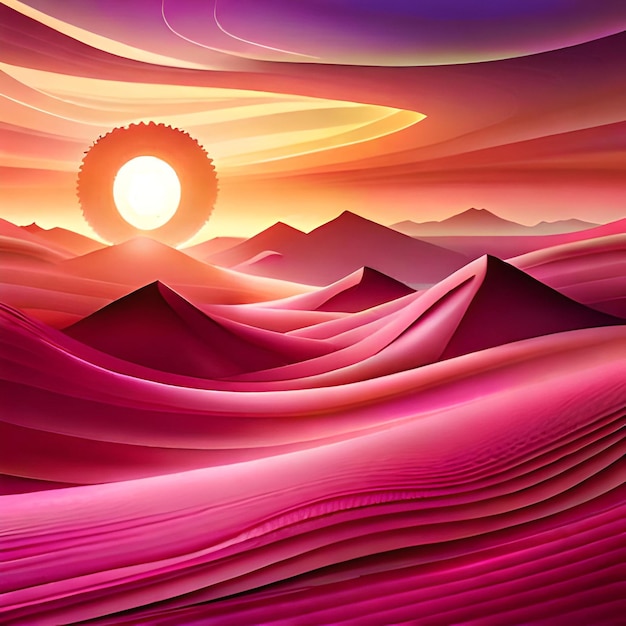 A colorful desert landscape with a sun setting in the background.