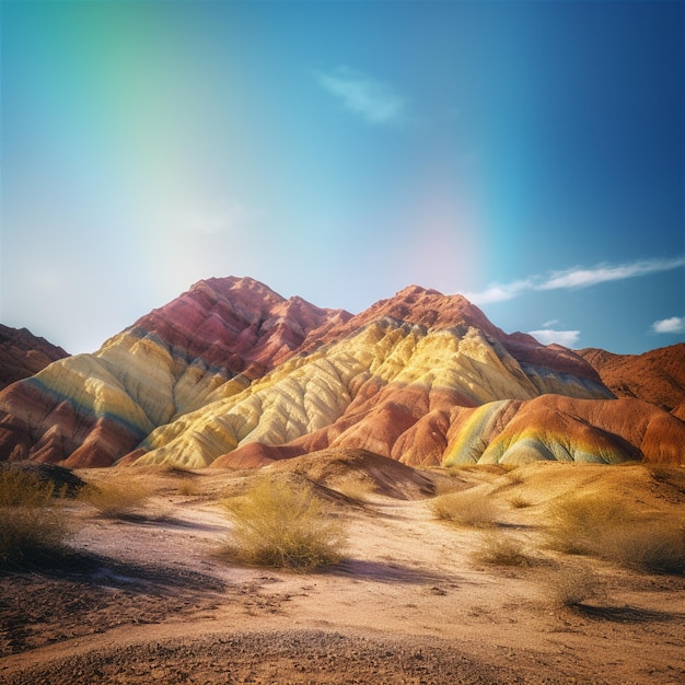 カラフルな砂漠の山々の超現実的な魔法
