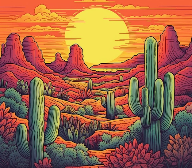 A colorful desert scene with cactus trees and mountains in the background generative ai