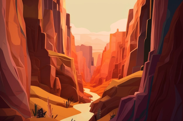 A colorful desert scene with a river in the middle of it.