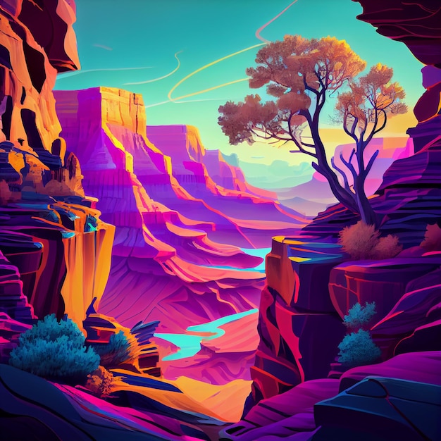 A colorful desert scene with a tree in the foreground.