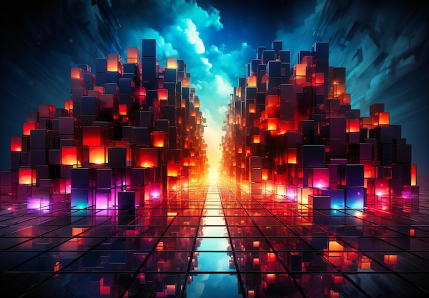 a colorful design of cubes and lights over a big city