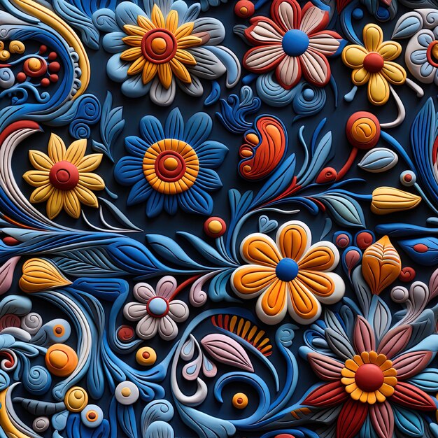 a colorful design of flowers is shown in a blue and red background