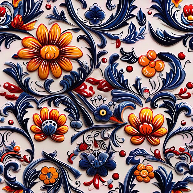 a colorful design of flowers and leaves on a wall