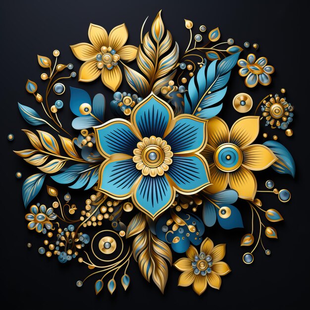 a colorful design of flowers and leaves with a black background