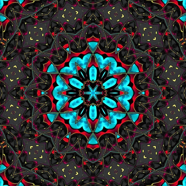 A colorful design with a black background and a red and blue design.