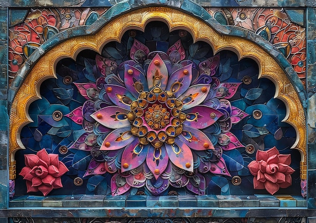 a colorful design with a flower on it is shown in a foreign language